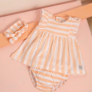Vestido com Fita Riscas Salmão Babybol